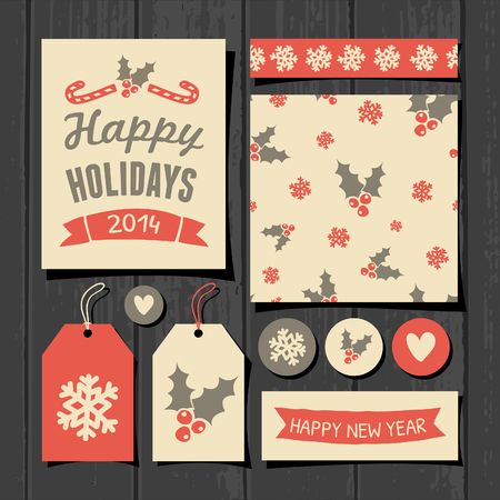 A set of Christmas gift tags, stickers, greeting card template, seamless pattern and washi tape on a gray wooden background.のイラスト素材