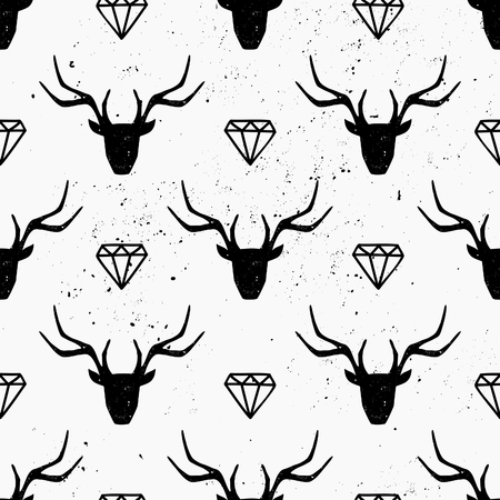 Deer heads and diamonds seamless pattern in black and white.のイラスト素材