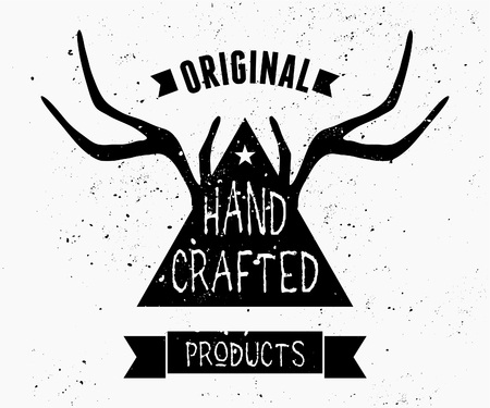 Trendy product label design in black and white. Triangle shape and antlers silhouette with hand lettered style text.のイラスト素材
