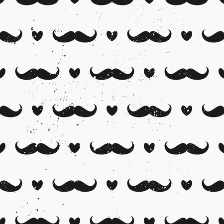 Vintage style mustaches and hearts seamless pattern. Distressed repeat pattern in black and white.のイラスト素材