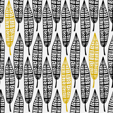 Hand drawn seamless repeat pattern with ornate feathers in black and golden on white background.のイラスト素材