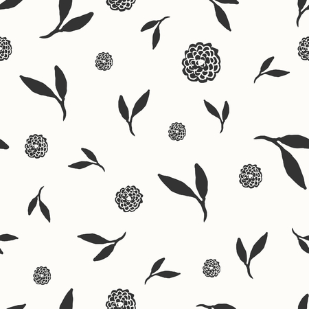 Hand drawn seamless repeat pattern with floral design elements in black and white.のイラスト素材