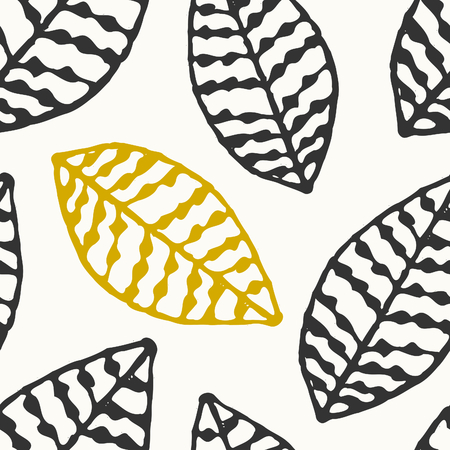 Hand drawn seamless repeat pattern with ornate leaves in black, golden and off-white.のイラスト素材