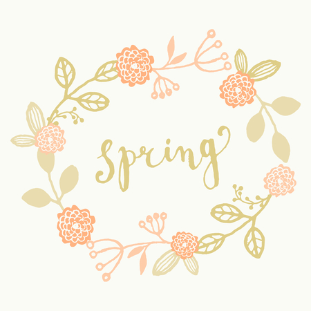 Hand drawn style spring greeting card template with hand lettered text and floral wreath.のイラスト素材