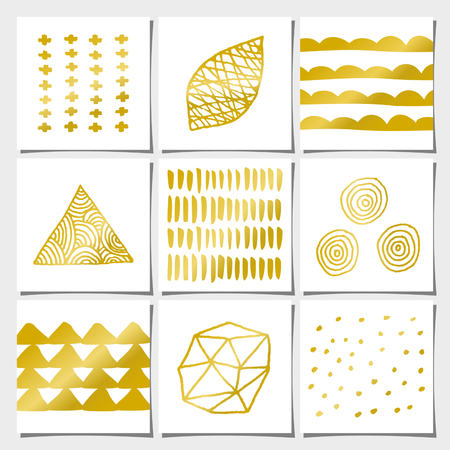 A set of nine abstract geometric designs in white and golden. Brush strokes, doodles, organic patterns and shapes.のイラスト素材