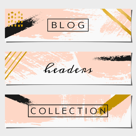 A set of three hand drawn brush strokes header designs. Pastel pink, black and golden color palette. Modern and elegant blog design elements.のイラスト素材