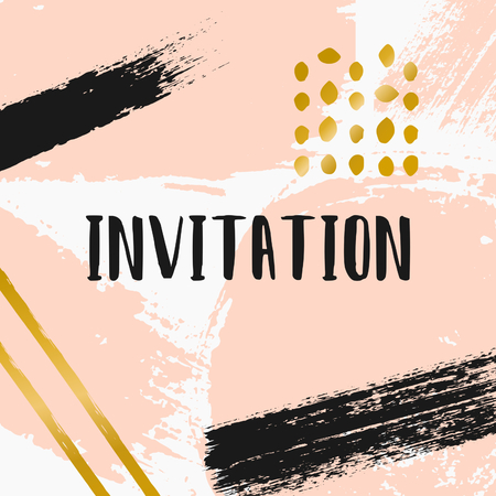 Hand drawn brush strokes invitation designs. Pastel pink, black and golden color palette. Modern and elegant wedding design invitation.のイラスト素材
