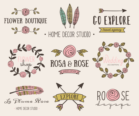 A set of hand drawn vintage style design elements. Modern and elegant premade typographic logo designs for florists, travel agencies, wedding and home decor.のイラスト素材