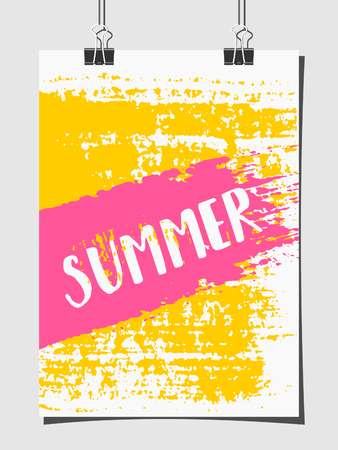 Hand drawn brush strokes summer sales poster design. Bright yellow, pink and white color palette. Modern poster design mock-up with paper clips.のイラスト素材