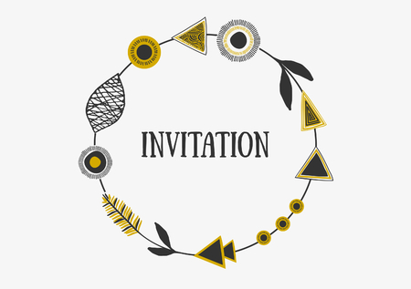 Abstract tribal design frame with geometric and floral design elements. Wedding invitation/ greeting card design.のイラスト素材