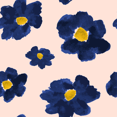 Hand drawn flowers seamless pattern. Deep blue abstract brush strokes flowers on a blush pink background.のイラスト素材