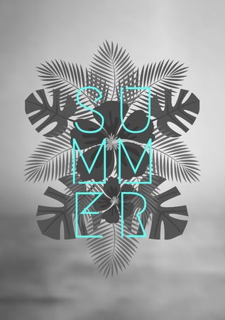 Geometric style typographic design on a mirrored composition of black and white palm tree leaves. Black and white blurred ocean background. Modern poster, card, flyer, t-shirt, apparel design. のイラスト素材