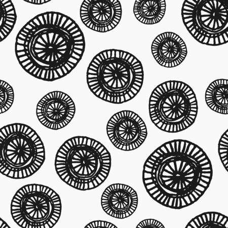 Hand drawn abstract seamless repeat pattern with ornate round shapes in black and white.のイラスト素材