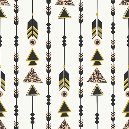 Seamless pattern with arrows in black, pink and green. Tribal style geometric elements repeat background.のイラスト素材