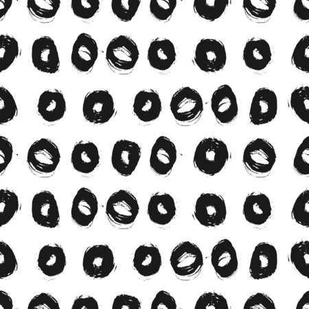 Hand drawn black and white circles seamless pattern. Monochrome dry brush round strokes texture.のイラスト素材