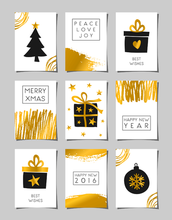 A set of Christmas greeting card templates in black, white and gold. Modern abstract brush strokes and doodles combined with traditional Christmas elements - gifts boxes, Christmas tree and bauble.のイラスト素材