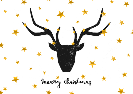 Merry Christmas greeting card template. A black deer head on gold stars background. Hand lettered "Merry Christmas" text.のイラスト素材