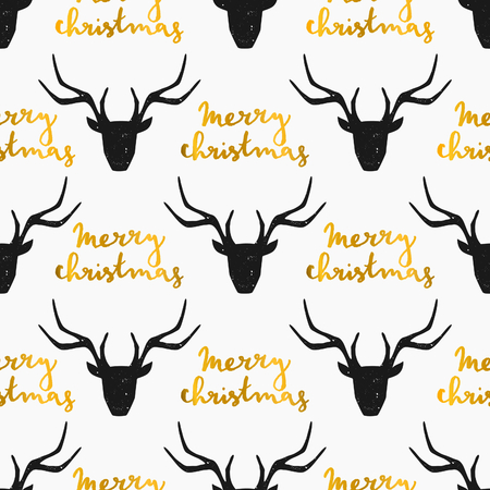 Seamless Christmas pattern with stylized reindeer heads in black with gold hand lettered Merry Christmas message on white background.のイラスト素材