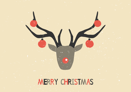Merry Christmas greeting card template. Stylized deer head decorated with red Christmas baubles.のイラスト素材