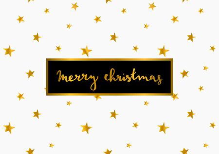 Merry Christmas greeting card template. Hand lettered message on white background with gold stars.のイラスト素材