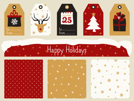 A set of Christmas printables - gift tags, seamless patterns and a banner/ header in red, white, black and gold. Perfect for greeting cards, scrapbooking, party invitations, etc.のイラスト素材