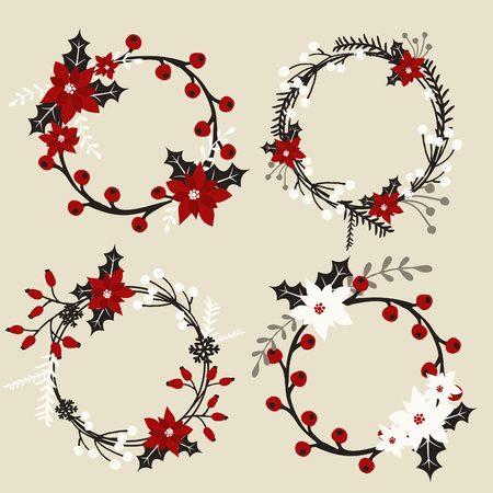 A set of Christmas wreaths with poinsettia, holly, berries, branches and leaves in white, red, gray and black.のイラスト素材