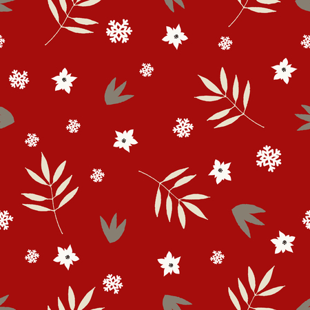 Winter floral seamless pattern with white poinsettia, snowflakes, branches and leaves in white, red, gray and beige.のイラスト素材
