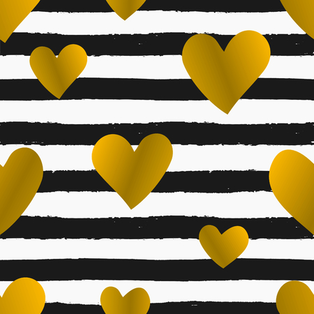 Seamless repeat pattern with gold foil hearts on black and white striped background. Tiling festive background, greeting card or wrapping paper.のイラスト素材