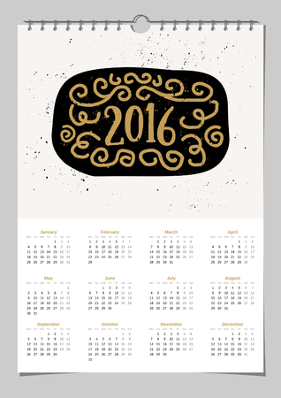 2016 calendar template, A4 size, printable. Hand drawn style illustration with swirls and the number 2016.のイラスト素材