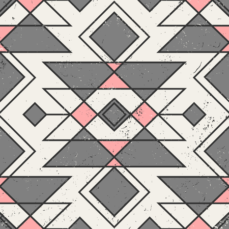 Seamless repeat pattern with tribal geometric elements in pink, gray and cream.
