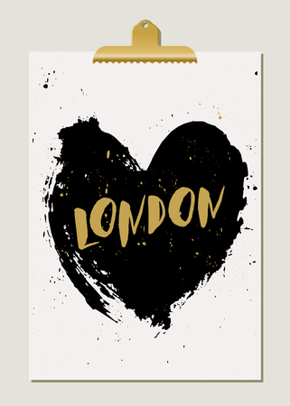 Modern and stylish London poster template. Hand drawn black heart, hand lettered gold foil text, golden clip. Gold, white and black home decor, typographic wall art design.のイラスト素材