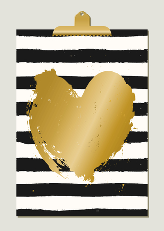 Modern and stylish St. Valentine's Day greeting card template. Hand drawn black and white stripes, gold foil heart, golden clip.のイラスト素材