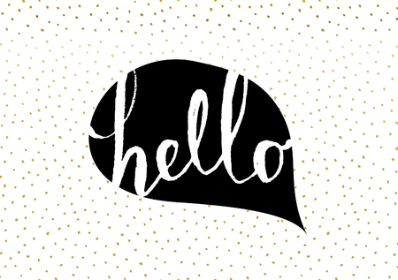 Cute and modern greeting card/poster template in black, white and gold. Speech bubble with hand lettered message and hand drawn dots texture background.のイラスト素材