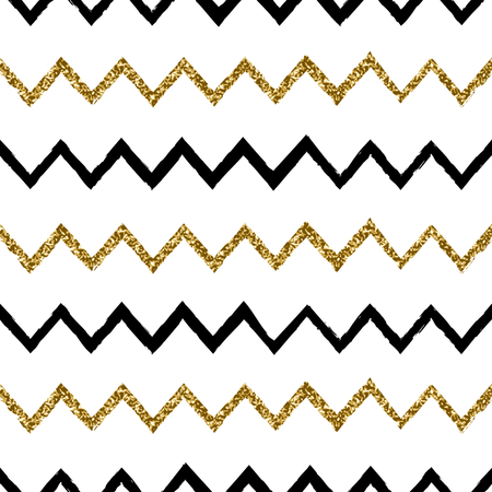Seamless chevron pattern in black and gold glitter on white background.のイラスト素材