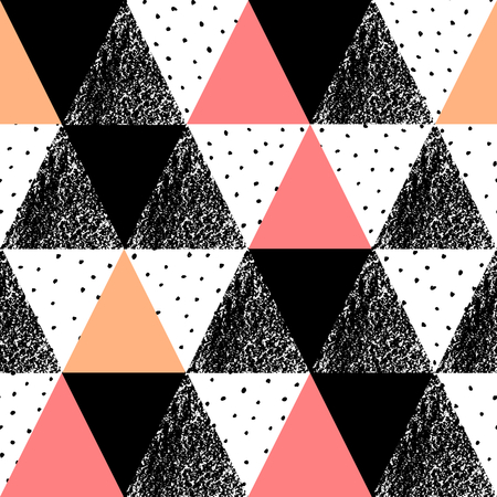 Abstract geometric seamless repeat pattern in black, white, orange and pastel pink. Hand drawn vintage texture, dots pattern and geometric elements. Modern and stylish abstract design poster, cover, card design.のイラスト素材