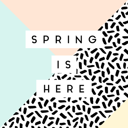 Abstract retro style geometric design in black, white and pastel colors. "Spring is here" greeting card, poster, brochure design.のイラスト素材