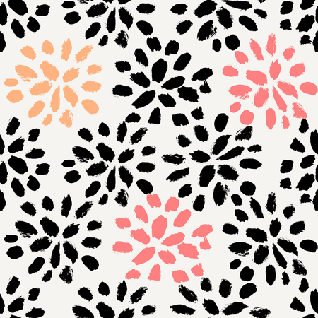Hand drawn floral brush strokes pattern in black, orange, pink and cream, seamless repeating chrysanthemum blossoms vector illustration.のイラスト素材