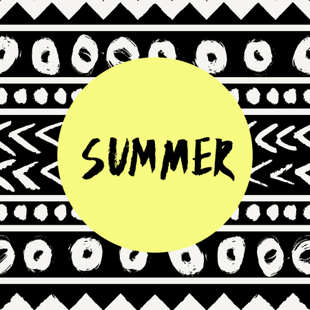 Hand lettered text Summer, neon yellow colored circle, tribal geometric pattern background. Modern...