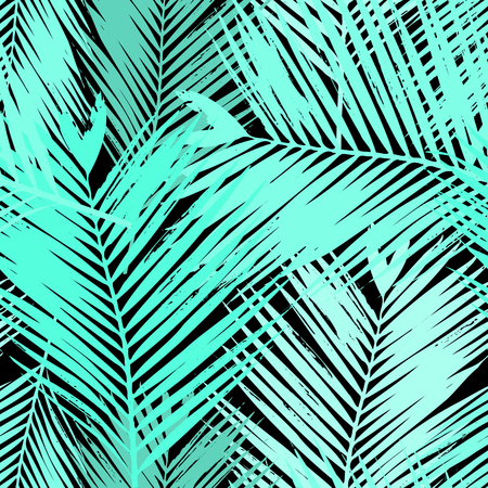 Seamless repeating pattern with silhouettes of palm tree leaves in blue and green.のイラスト素材