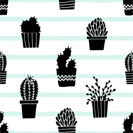Hand drawn seamless repeat pattern with black succulent plants on a striped white and light blue background.のイラスト素材