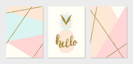 A set of abstract geometric design cards in light blue, cream, gold glitter and pastel pink. Modern and stylish abstract composition poster, cover, card design.