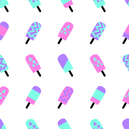 Seamless repeating pattern with ice creams in bright neon colors isolated on white background. Modern textile, greeting card, poster, wrapping paper designs.のイラスト素材
