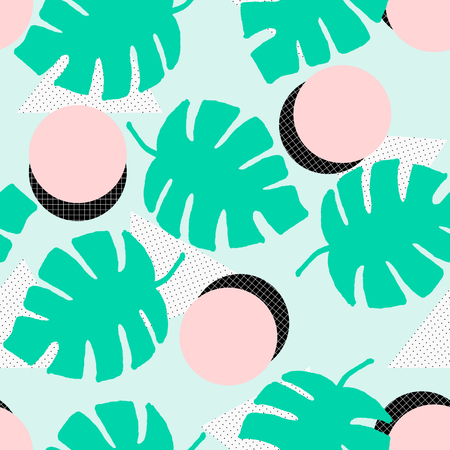 Seamless repeating pattern with geometric elements, green tropical leaves and textures in pastel colors. Retro style tiling background, poster, textile, greeting card design.のイラスト素材