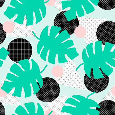 Seamless repeating pattern with geometric elements, green tropical leaves and textures in pastel colors. Retro style tiling background, poster, textile, greeting card design.のイラスト素材