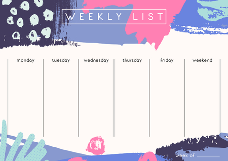 Printable weekly planner template design decorated with hand drawn colorful brush strokes in fuchsia, pastel green, lavender and dark purple.のイラスト素材