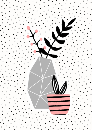 Geometric concrete vase with black branches and pink pot with succulent plant on dots texture background. Cute and modern Scandinavian style illustration, perfect for greeting cards, wall art, invitations, etc.のイラスト素材
