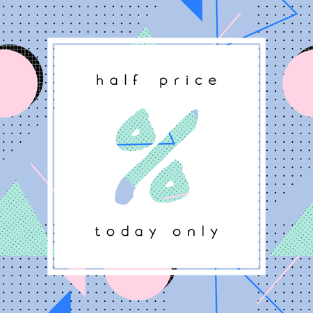 Retro style geometric composition in pink, green, pastel purple and black. Modern and creative sale poster, sale brochure, discount offer design.のイラスト素材