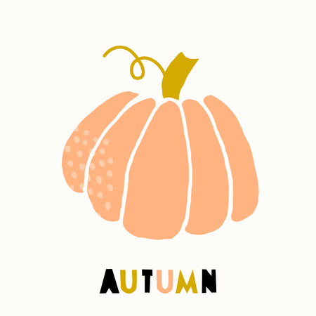 Autumn greeting card template with a pumpkin, decorated with hand drawn textures. Cutout style letters in black, green and orange.のイラスト素材
