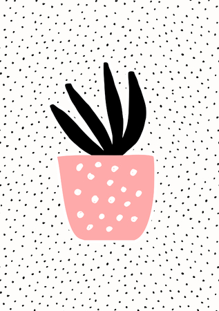 Pink pot with black succulent plant on dots texture background. Cute and modern Scandinavian style illustration, perfect for greeting cards, wall art, invitations, etc.のイラスト素材