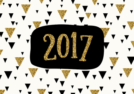 Typographic design greeting card template with gold glitter and black triangles on cream background.